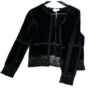 S.M.H. Boutique Vintage Black Leather Jacket Rayon Crochet Trim Southwestern M